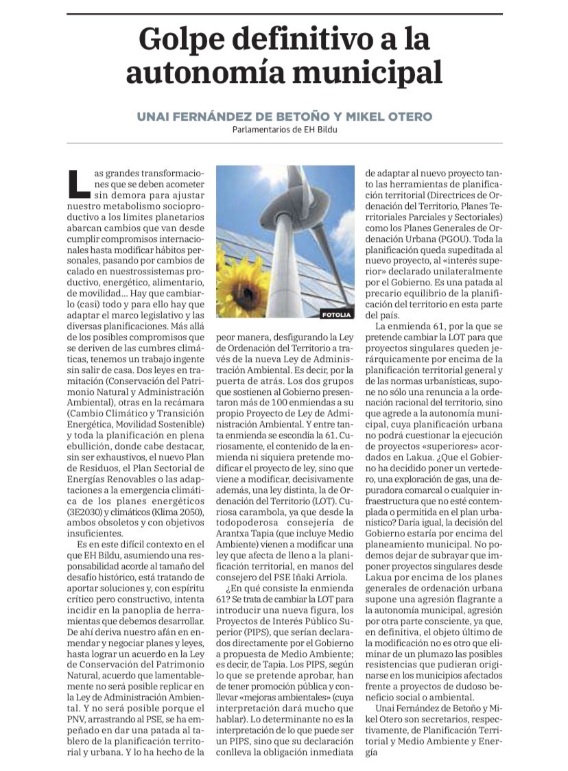 otero_mikel's tweet photo. El PNV quiere dar una patada al tablero de la ordenación territorial. Tb es un golpe letal a la autonomía municipal, cuya planificación urbana se deberá amoldar al "interés superior" de proyectos que decida Lakua. 
 
@UnaiFdB y yo lo explicamos en  @diariovasco y @elcorreo. https://t.co/87v3j5CrSN