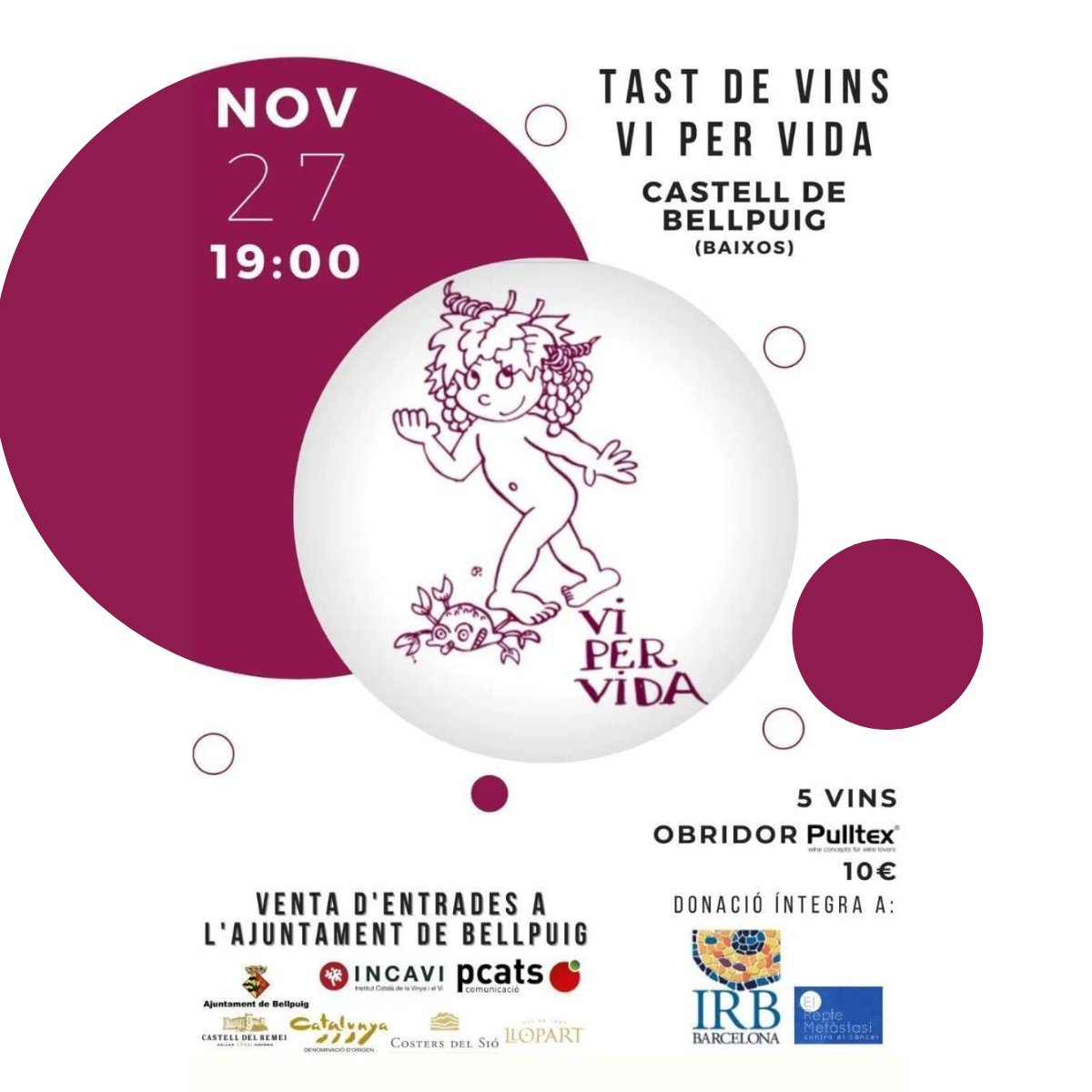 IRBBarcelona's tweet photo. 🍷🍾@ViperVida torna aquest dissabte amb un #tastsolidari per donar suport a la recerca de l'#IRBBarcelona!🙌
📆Dissabte 27 novembre
🕖19 h
🏰Castell de Bellpuig (#Bellpuig, Lleida)
👉Entrades a la venda a l'Ajuntament de Bellpuig!
🥂T'hi esperem!
@loxaviayala #RepteMetàstasi https://t.co/7hKZeQyPiq