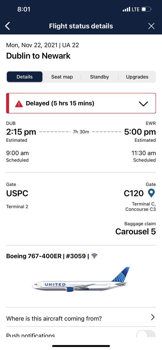 Baileyroach1's tweet photo. @united Currently sitting in the Dublin Airport for another five hours waiting on a new plane. I am injured and paid extra to leave on the 9 AM I can’t even figure out which terminal I’m supposed to be in- spoke to customer service for 30 minutes even. What is the compensation?? https://t.co/oJNV4V4rvA