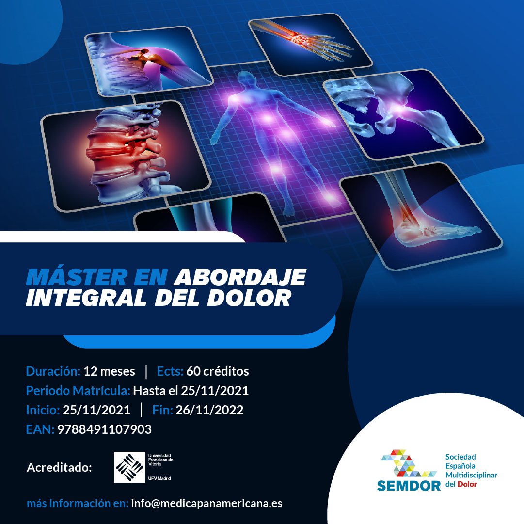 #MásterSEMDOR | "El abordaje integral del dolor" es el nombre del MÁSTER que ponemos en marcha desde el 25 de noviembre 2021 de 1 año de duración. Si necesitamos más información escribe a info@medicapanamericana.es

#Formación #Medicina #Dolor #Master  #Salud