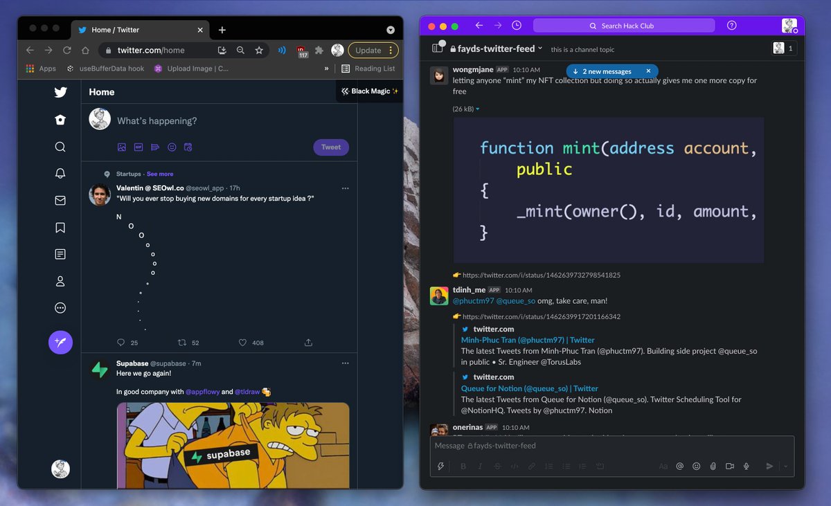 usetwacc's tweet photo. Twacc lets you view your Twitter feed directly in Slack
- Tweets shown in chronological order.
- New tweets shown in the form of ‘unread messages’ so u can never miss another tweet from the people you follow.
- Directly reply to tweets on your home feed (in Slack) from Slack. https://t.co/UauDUobySn