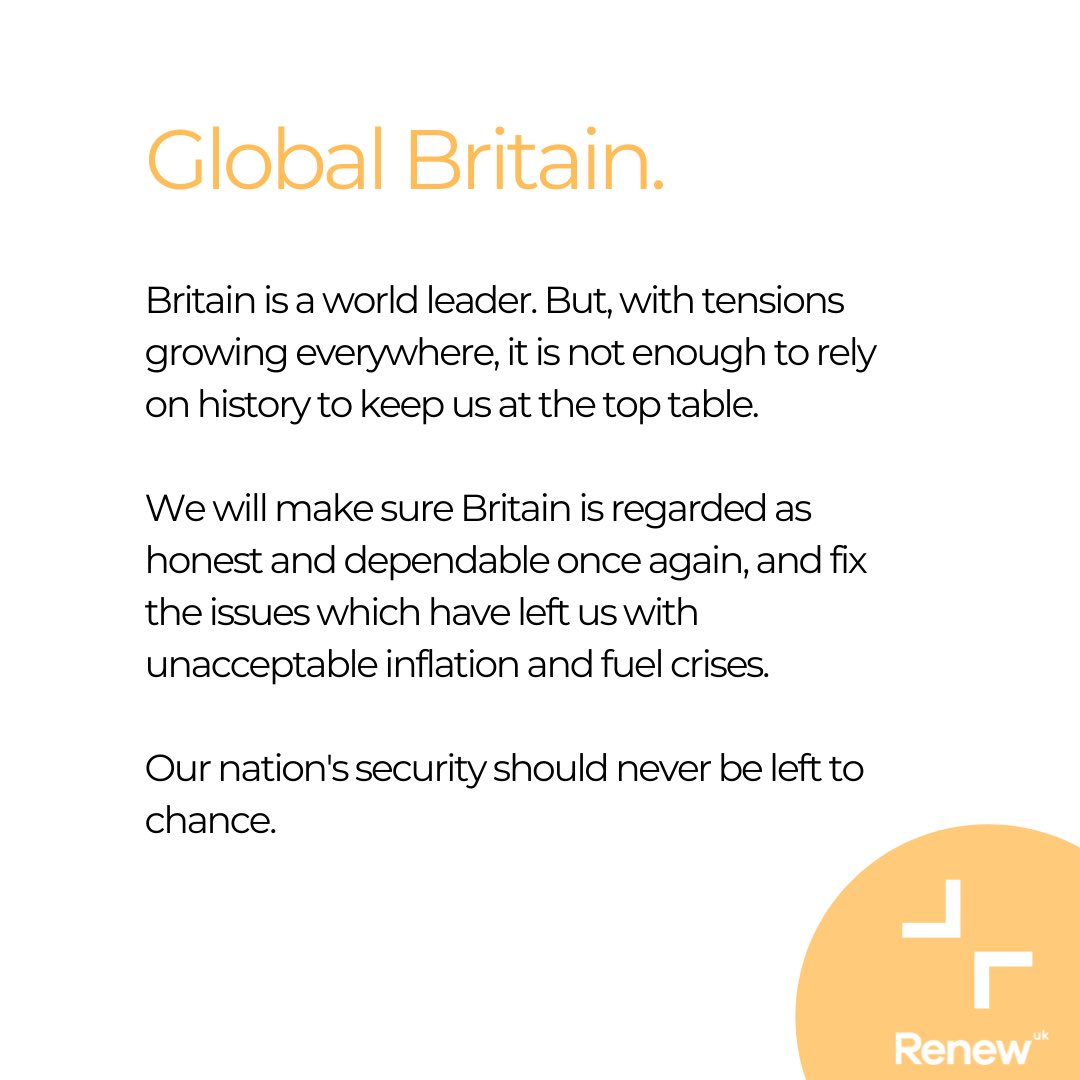RenewParty's tweet photo. To be truly global, Britain can’t just close its doors to billions of pounds of trade or roll the dice on our national security. 

We can be a world leader, but not like this. 

Renew’s policy for a truly Global Britain makes sure we can stay at the top table. https://t.co/4R1qRqrqqR