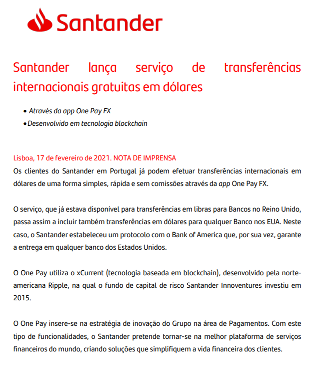 WKahneman's tweet photo. #Ripple partner Santander expanded One Pay FX in Portugal this Feb. The p/r notes that the service uses RippleNet (xCurrent) and notably, that it shares a protocol with Bank of America, also a Ripple partner, to deliver funds to any US bank/USD.
https://t.co/iWtewKJyLX https://t.co/qOdgfzdD9h