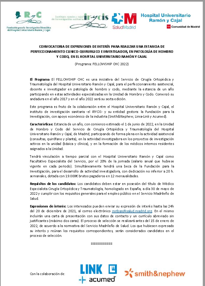 Se convoca de nuevo nuestro programa de Fellow en Cirugía de Hombro y Codo para 2022.
Ya será la sexta edición del programa.
Todas las solicitudes serán bienvenidas.