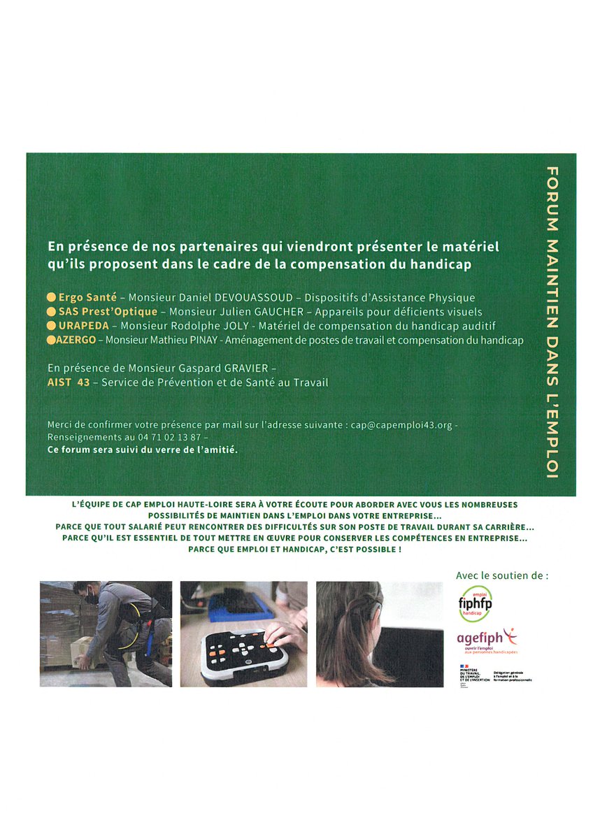 Retenez la date !!! Cap emploi invite les employeurs du département au Forum du Maintien dans l'emploi le vendredi 26 novembre 2021.
Plusieurs partenaires présenteront des solutions de compensation du handicap et de maintien dans l'emploi. 
#handicap #emploi