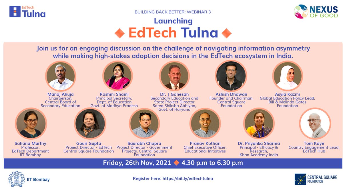 EdtechTulna's tweet photo. REGISTER NOW! We'll be launching #EdTechTulna with a pantheon of distinguished speakers, in collaboration with @nexusofgood, on Fri, Nov 26. Join us to learn about the need for quality standards and evidence-led decision-making for #EdTech. Sign up here: https://t.co/lV5xii4hCX! https://t.co/YPu45Xr6O5