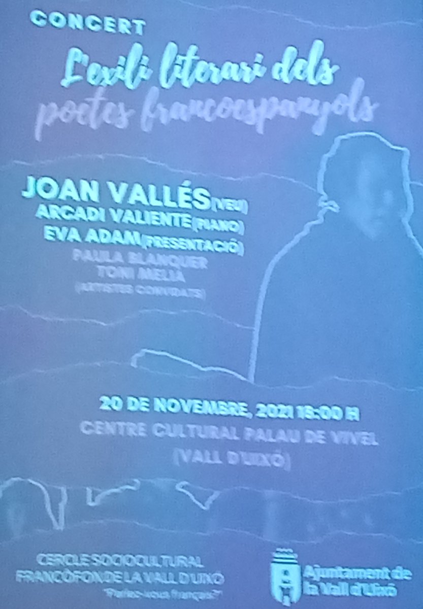 IFValencia's tweet photo. Magnífico recorrido a través de poemas, canciones y figuras artísticas franco españolas del siglo XX el sábado en La Vall d'Uixo. 
#Cercle sociocultural francófon de la Vall d'Uixo "Parlez-vous français ?" #Joan Vallés #Eva Adam https://t.co/DIr3vU5PRb