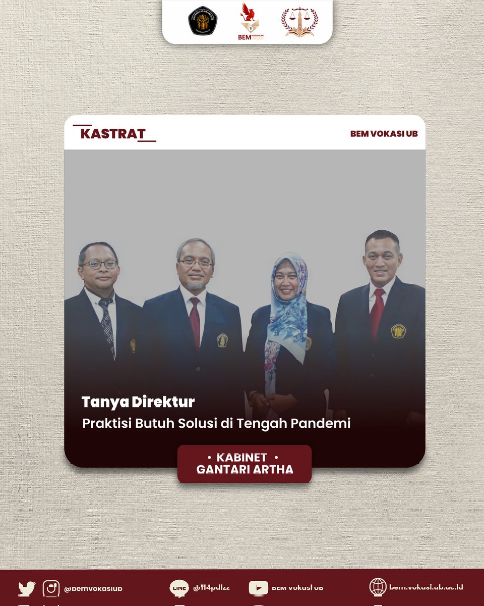 bemvokasiub's tweet photo. [KEMENTRIAN KASTRAT BEM VOKASI UB 2021 PROUDLY PRESENT]

📣 TANYA DIREKTUR 📣

Halo Vokasioners 🙌
Turut berbahagia akhirnya event yang kita tunggu telah tiba. Tahun ini event "Tanya direktur" akan dilaksanakan dengan mengangkat tema "Praktisi Butuh Solusi Di Tengah Pandemi". https://t.co/9bCp2AoFRe