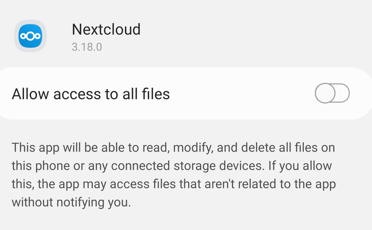joho68's tweet photo. Not quite sure why @Nextclouders Android app needs access to *all* files, and if so, why there's no explanation in the app itself ... 🤔☁️📱#privacy #nextcloud #android #nextcloudapp #security #itsec #cybersec #CloudComputing #cloudsecurity https://t.co/fjCVOCHE7q