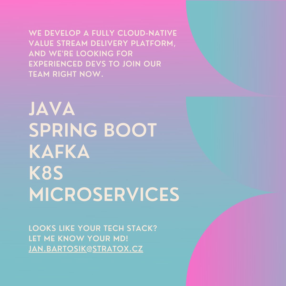 janbartosik's tweet photo. There are 2 Senior #Java openings in #Prague!
Are you keen to lead an #IaaS development team?
Czech/Slovak and English. Start right now.
Ping me at jan.bartosik@stratox.cz for MD and more details .)
#springboot #microservices #Developers #cloud #cloudnative #vsdp https://t.co/pcsf4J124C