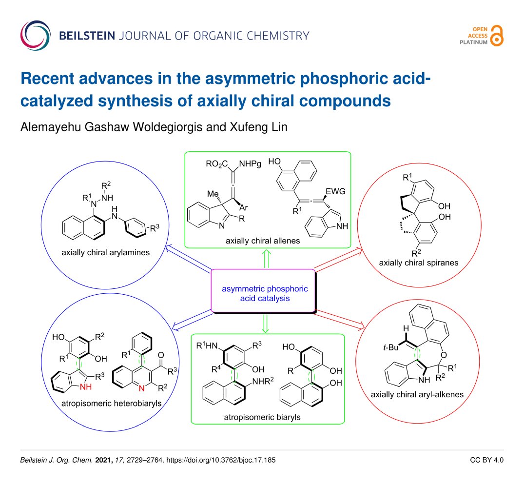 BeilsteinInst's tweet photo. Researchers @ZJU_China π¨π³ summarize the state of the art in the #chiral phosphoric acid-catalyzed asymmetric #synthesis of axially chiral #biaryls, #heterobiaryls, #arylamines, #arylalkenes or #styrenes, #spiranes & #allenes
π https://t.co/2TzhfazpTo
100% #OpenAccess π #BJOC https://t.co/bCmWV4PuFM