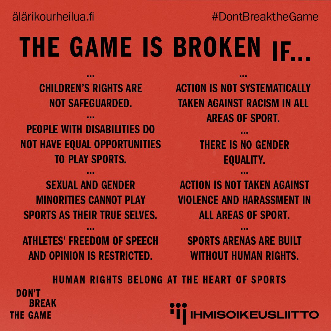 Älä riko urheilua. Don’t break the game. <a href="/ihmisoikeus/">Ihmisoikeusliitto</a>