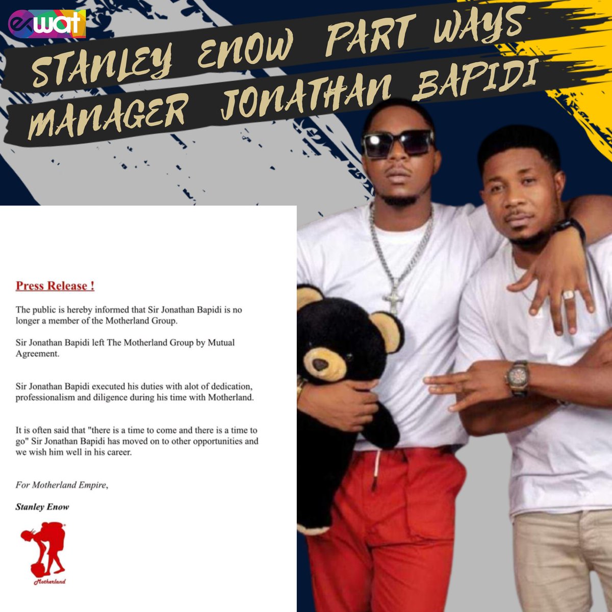 EkwatTV's tweet photo. It's over between Stanley Enow and his manager Jonathan Bapidi. 

The award-winning manager was considered one of the best in the industry. He was discrete but very effective. He is one of those who contributed to Stanley Enow's success as an artiste. https://t.co/gGxWed3y3Q