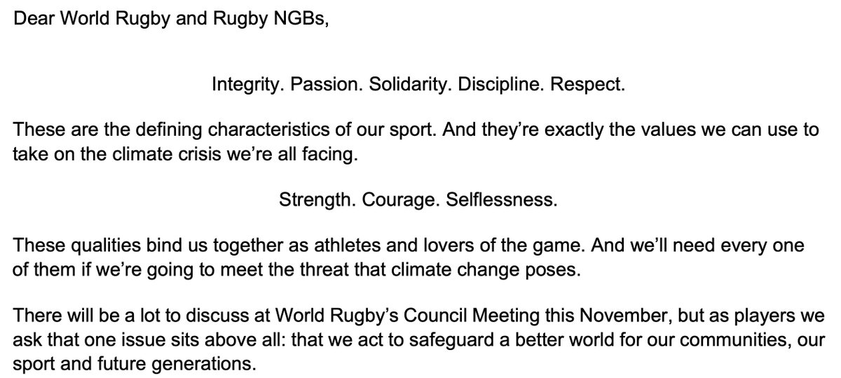 "Dear <a href="/WorldRugby/">World Rugby</a>" 

James Farndale, <a href="/AlenaOlsen/">Misc_Alleneous</a>, @pocockdavid &amp; 200+ players write to the governing body of rugby to encourage ambition and courage to be shown in their environmental strategy 

The letter: athletesoftheworld.org/letter-to-worl…

From the minds of <a href="/mhcwilson/">Melissa Wilson</a> &amp; <a href="/hannahmills1988/">Hannah Mills</a>