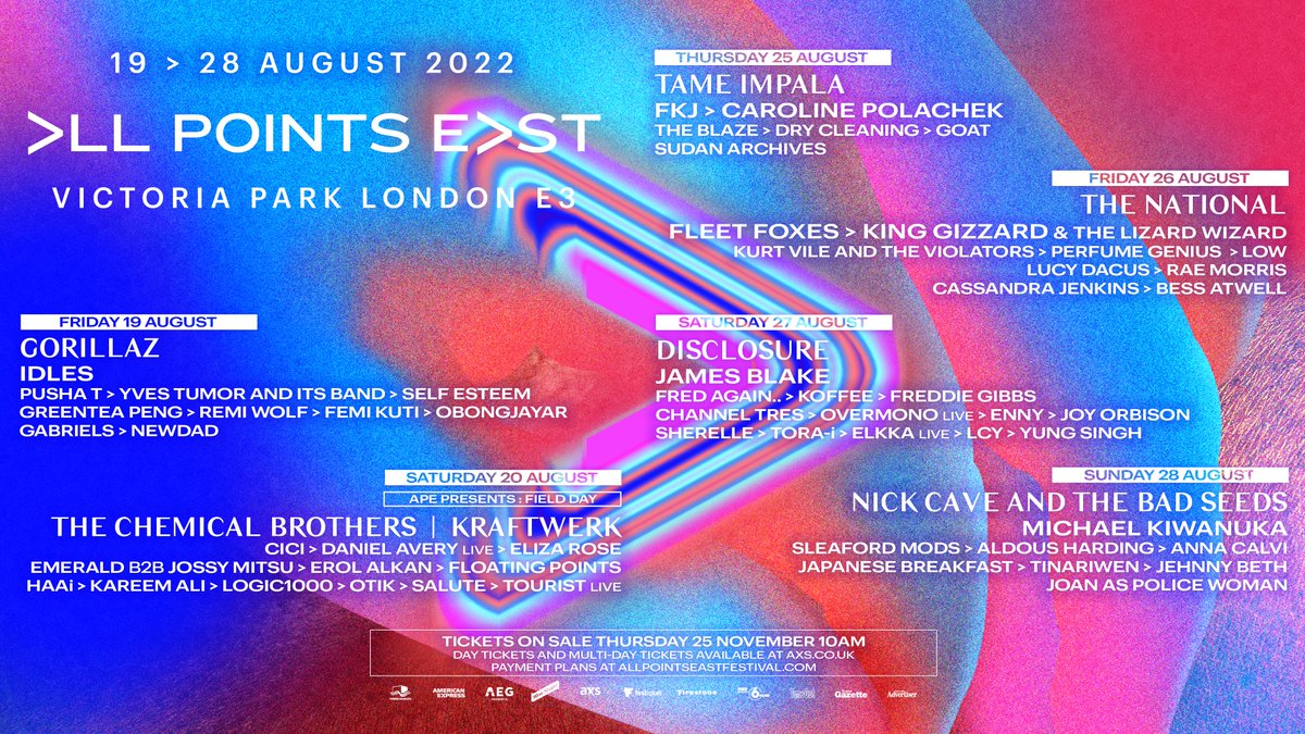 Your first wave of artists for All Points East 2022 has arrived. Which day are you most excited about? 😍

Purchased Early Birds? You can now redeem for the show of your choice - check your inbox for details.

<a href="/AmexUK/">American Express UK</a> Cardmembers can book now: apefe.st/amexpresale