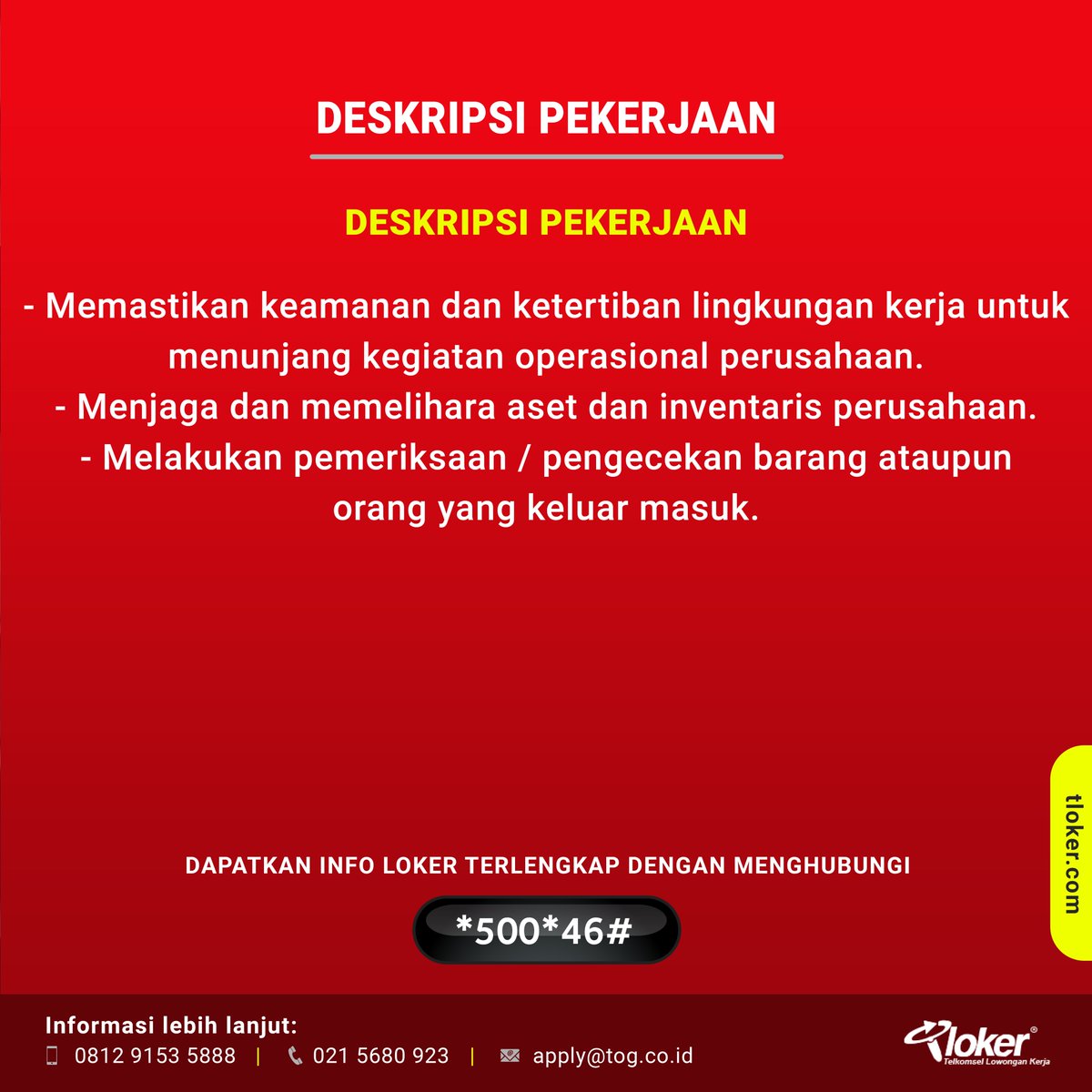 info_tloker's tweet photo. LOWONGAN KERJA SECURITY
Kirim CV terbaru kamu ke nomor kontak atau email yang tertera pada design gambar. Like dan Share lowongan ini kepada teman, saudara atau tetangga kamu yang membutuhkan. https://t.co/6axRmp8tlt