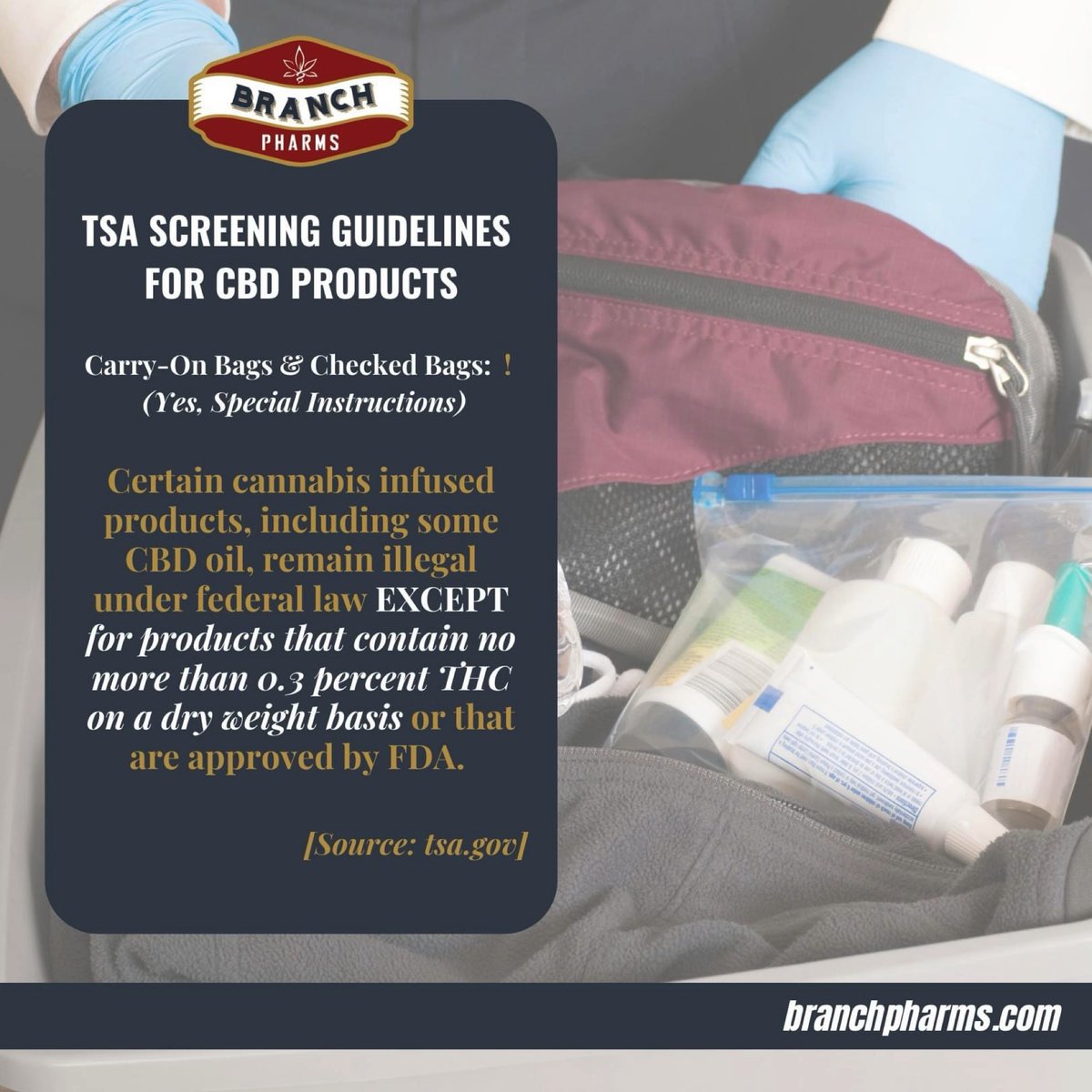 BranchPharms's tweet photo. The #holidaytravel season is upon us, and you may be wondering if you can fly with your #BranchPharms CBD oil and relief cream.  According to the TSA website, passengers are allowed to travel with #CBD that contains less than 0.3% THC in their carry-on bag and/or checked bag(s). https://t.co/qeLpDJrPOO