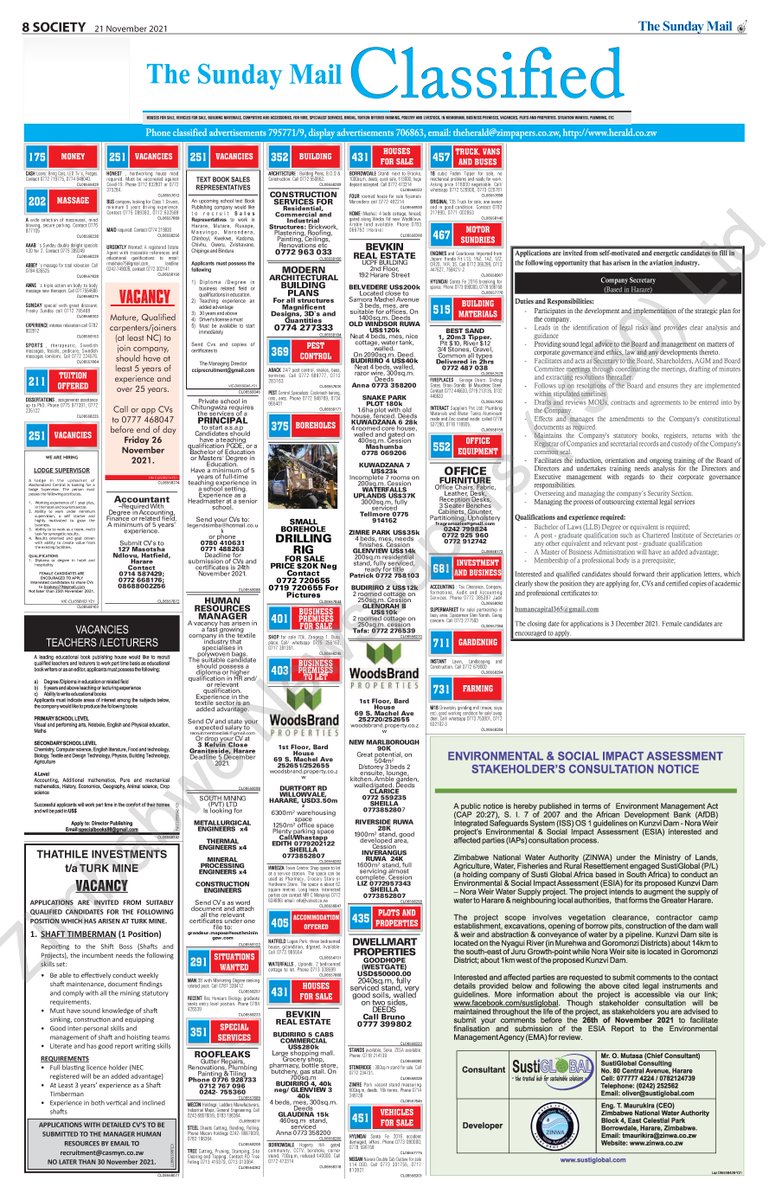 Kunzvi Dam Project ESIA Consultation Process

Stakeholders please participate by sending your comments to the details below;

Mr. Raymond Mufambi (Junior Consultant)
SustiGlobal Consulting 
No. 80 Central Avenue, Harare
0782124739
raymond.jc@sustiglobal.com