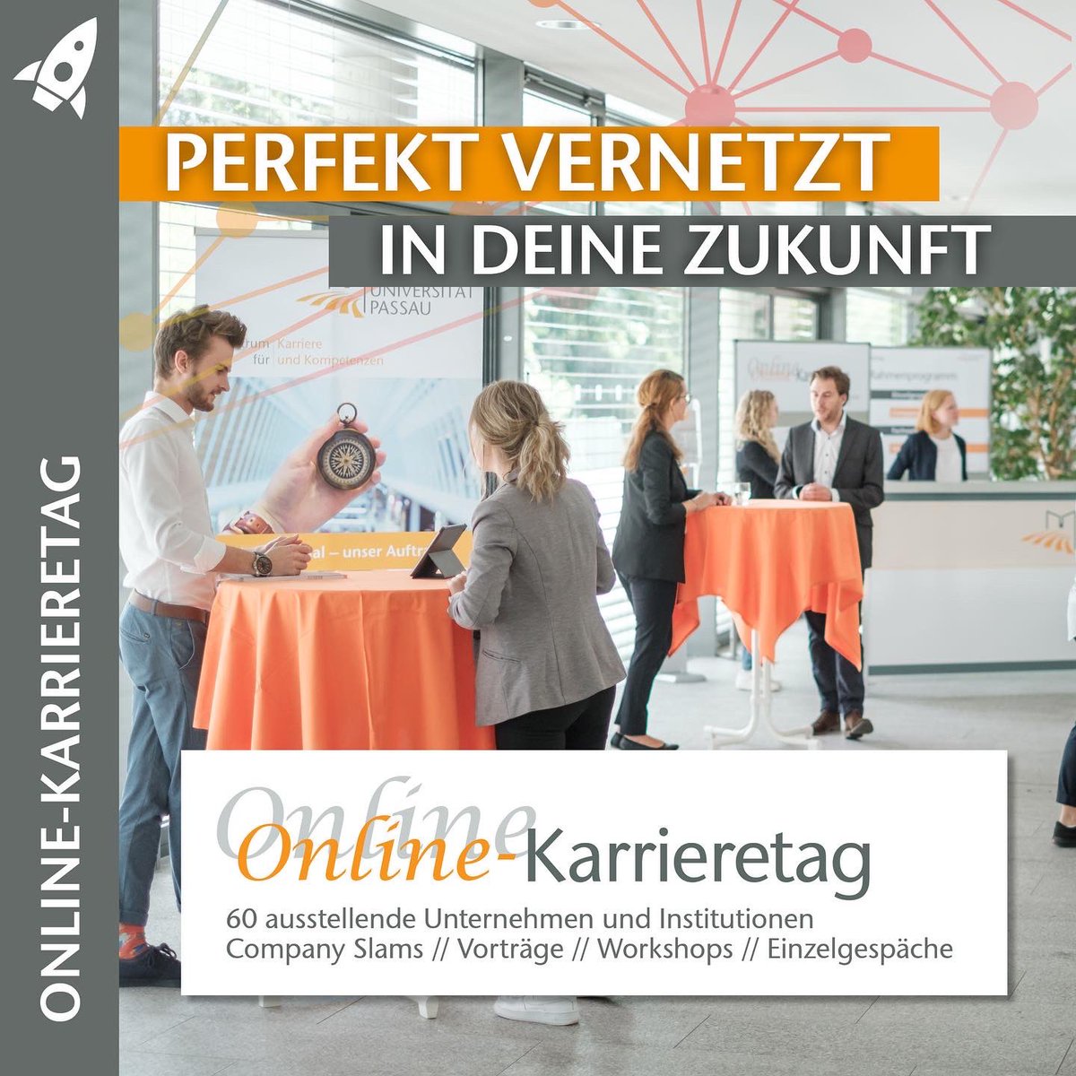 Heute ist es endlich soweit: Das ZKK-Team begrüßt euch zum zweiten Online-Karrieretag! 😊 Meldet euch jetzt noch schnell in der Stud.IP-Veranstaltung 65301 an, damit ihr um 11:00 Uhr den Zugangslink zum virtuellen Check-In Bereich bekommt. 
Viel Spaß! 🎉
uni-passau.de/cmc