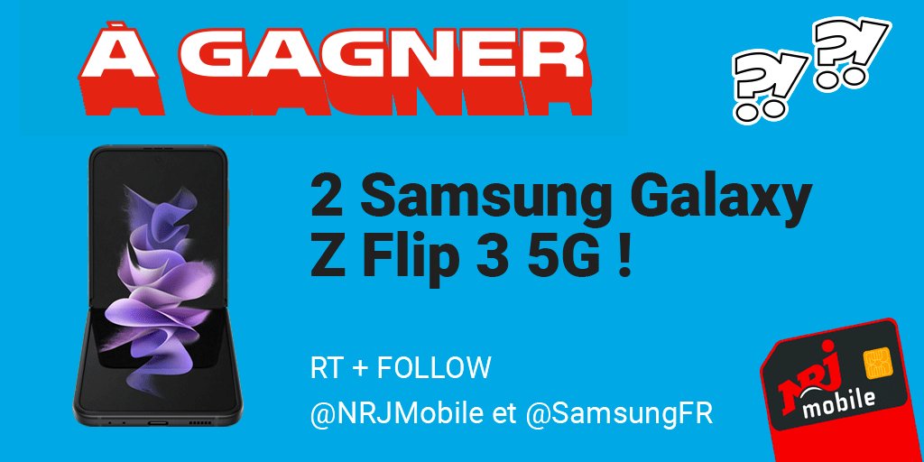 🎁 #CONCOURS 🎁

2 Samsung Galaxy Z Flip 3 sont mis en jeu jusqu'au 29/11 ! 😱

Pour tenter de gagner le tien :
RT ce tweet et Follow <a href="/NRJMobile/">NRJ Mobile</a> et <a href="/SamsungFR/">Samsung FR</a> !

T.A.S le 30/11/2021
Règlement du jeu : bit.ly/3DtEprg