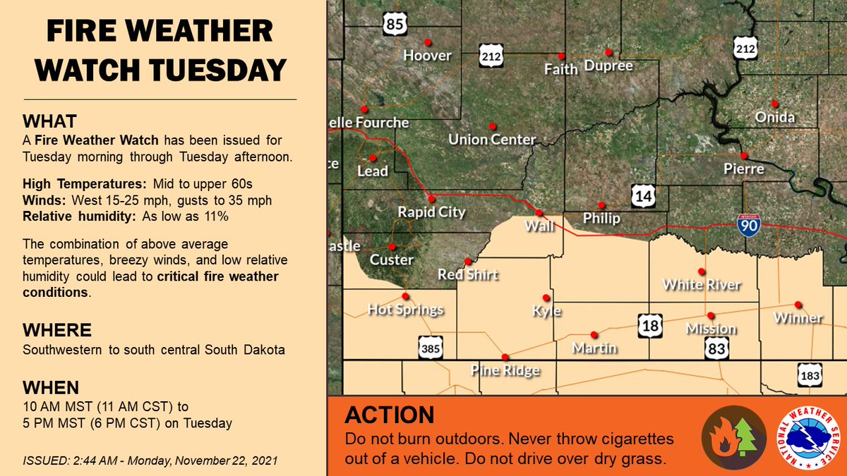 NWSRapidCity's tweet image. A Fire Weather Watch has been issued for Tuesday morning through the afternoon across southwestern and south central SD. High temperatures in the mid to upper 60s, breezy westerly winds, and low relative humidity could produce critical fire weather conditions. #sdwx