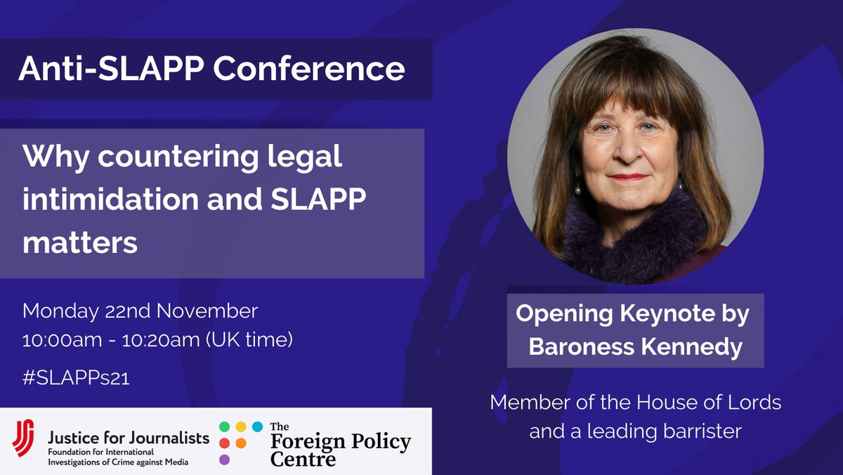 FPCThinkTank's tweet photo. Baroness Helena Kennedy is giving the opening keynote on why countering legal intimidation and SLAPP matters
Learn more about today’s programme ➡️ https://t.co/sm5S6AECys #SLAPPs21 https://t.co/4BNLY7oGrS