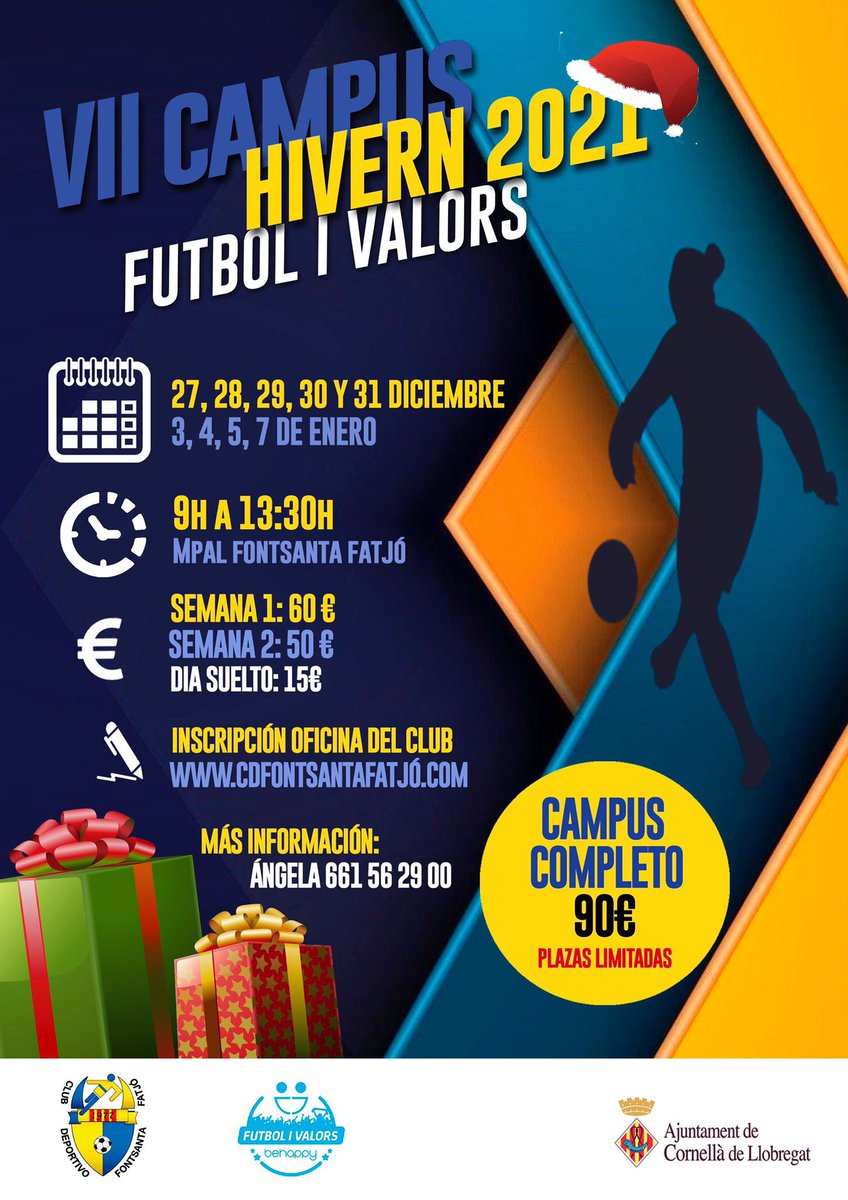 🔷🔶 CLUB

🗣 Vuelve el Campus de Invierno “Futbol i valors”

📆 27, 28, 29, 30 y 31 de diciembre y 3, 4, 5 y 7 de enero

📍Municipal Fontsanta

💶 60€/semana 1
💶 50€/ semana 2

➡️ Aquí podéis formalizar la inscripción: forms.gle/JPkfPnVVkD9t7N…

👤 ¡Os esperamos! 

#CDFF