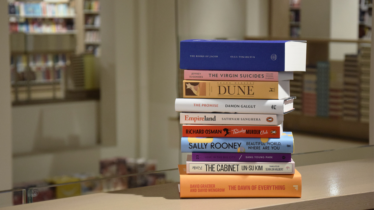Foyles's tweet photo. Ok then, let's get this week started! Here's Charing Cross Road's stellar Top 10, feat #OlgaTokarczuk @jenniferlcroft #JeffreyEugenides, #FrankHerbert #DamonGalgut @Sathnam, @richardosman #SallyRooney @novelistpark @AntonHur #UnsuKim #SeanLinHalbert #DavidGraeber @davidwengrow https://t.co/Sa4iSMJ7CV