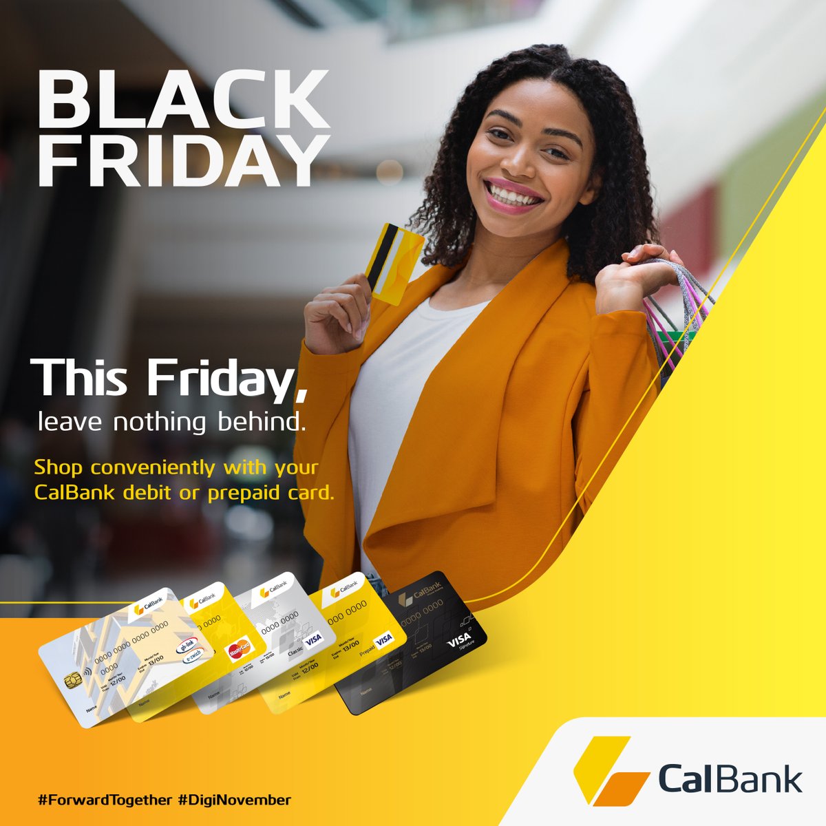 CalBankPLC's tweet photo. Don't miss out on all the amazing deals this week!! If you're doing any shopping this Black Friday, make sure you have your CalBank debit 💳 or Prepaid card 💳 to make quick and easy payments.😁😁 #CalBank #ForwardTogether #BlackFriday #deals #cards https://t.co/4EFUiHvIlj