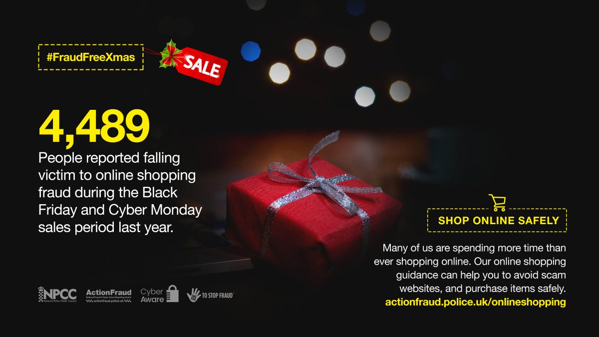 4,489 people reported falling victim to online shopping fraud during the Black Friday and Cyber Monday sales period last year.

Follow our top tips to shop online safely this festive season: action-fraud.police.uk/onlineshopping #FraudFreeXmas
#cyberprotect