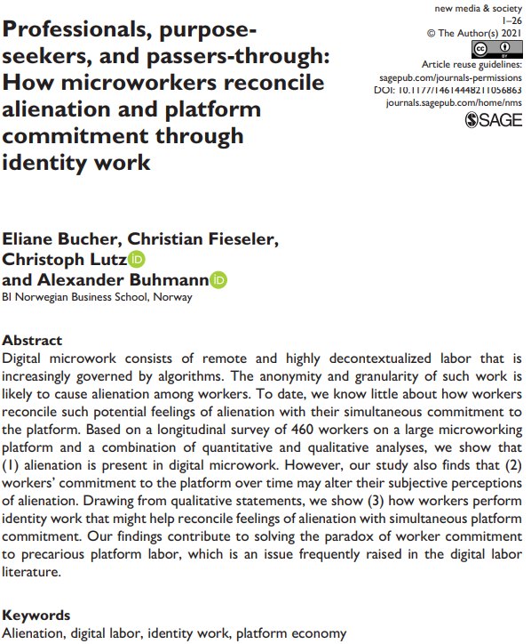 🚨 Our latest article is out in New Media &amp; Society! We study #alienation among #Amazon Mechanical Turk workers and its relation to platform commitment, stressing the role of identity work. The paper is available freely:  journals.sagepub.com/doi/full/10.11… #crowdwork #microwork #openaccess