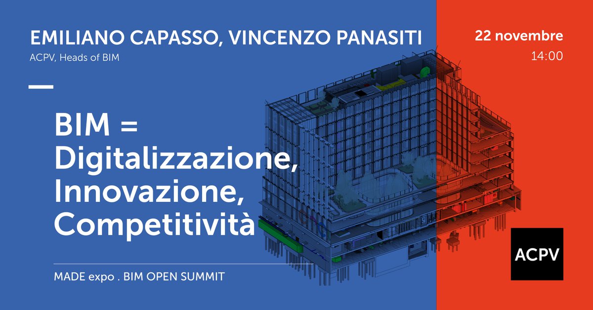 Today, 2pm. At <a href="/MADEexpo/">MADE expo</a>'s BIM OPEN SUMMIT, ACPV’s Heads of BIM Emiliano Capasso and Vincenzo Panasiti will take part in the ‘BIM = Digitalizzazione, Innovazione, Competitività’ talk series.

Get all the details from 👉 madeexpo.it/eventi/the-pla…