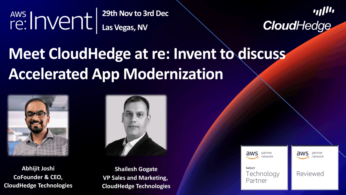 cloudhedgeio's tweet photo. Say hi to @joshiabhijit and @sgogate at #aws #reInvent and discuss how enterprises can reduce #OpEx and accelerate #AppModernization from legacy to #cloud within days. Schedule a meeting and stand a chance for a free #POC - https://t.co/0b3FLsJWdm | #containers #cloudmigration https://t.co/fjSTdgebXF