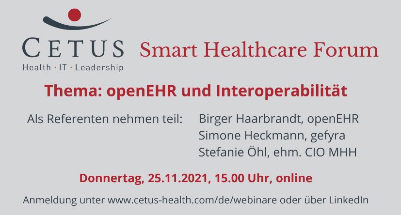 ✅ Jetzt anmelden! ✅
👉 zum 6. Smart Healthcare Forum, mit den Themen #openEHR und #Interoperabilität 
#Smarthealthcareforum #Cetus zoom.us/webinar/regist…