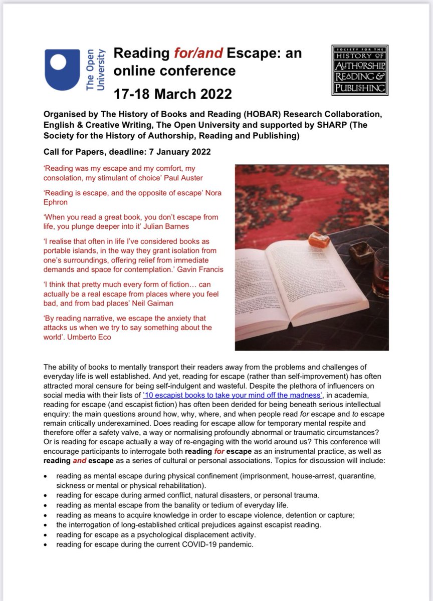 Shaf_Towheed's tweet photo. Ahead of the Thanksgiving break, here’s the CFP for our @OU_FASS free online conference #readingforescape 17-18 March 2022, details at https://t.co/TT4EqcMqHT deadline for proposals 7 January 2022 @OU_WELS @SHARPorgNews @IES_London @eureadit https://t.co/QBdiBJnUOO