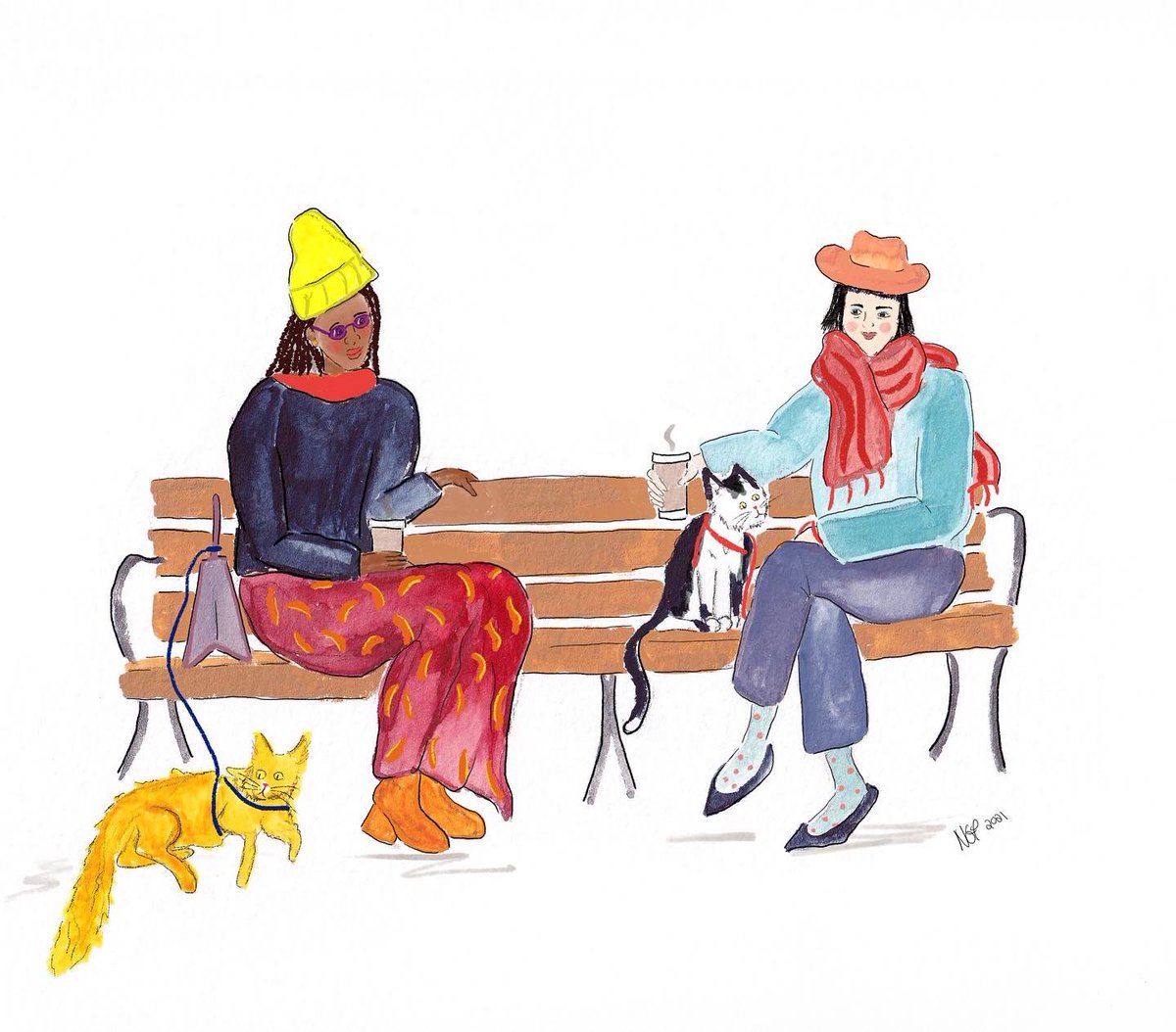Newlin777's tweet photo. @Handsome_Frank Ladies out and about with their cats. Illustration inspired by fostering through the local pet shelter. https://t.co/rRGfSIWLZV