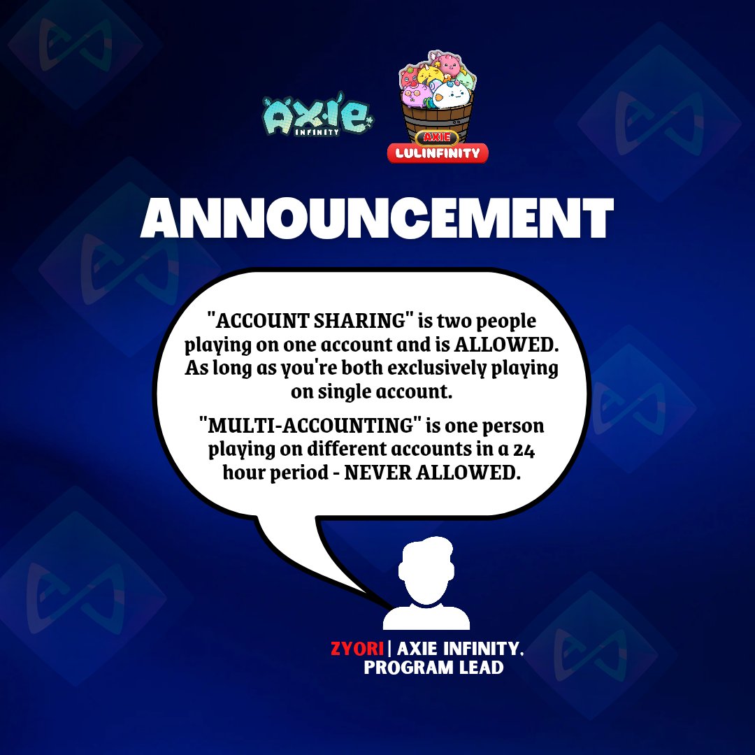 AxieLulinfinity's tweet photo. Here's some clarification from the Axie Infinity, Program Lead, ZYORI. 📣
Don't forget to follow us on our facebook and youtube to stay updated: @Axielulinfinity
✅ Join us on our discord: https://t.co/R06hX4n9aA https://t.co/Fatqar3qzD
#AxieUpdates #AxieLulinfinity https://t.co/lmaThrERpd