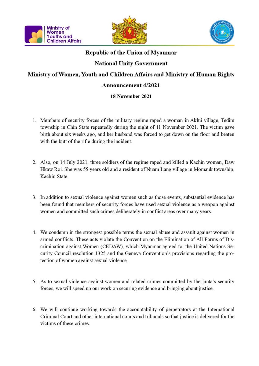 EithinzarMM's tweet photo. Republic of the Union of Myanmar (National Unity Government) Ministry of Women,Youth and Children Affairs and Ministry of Human Rights Announcement 4/2021  #WhatsHappeningInMyanmar #NUG https://t.co/eVoNkopoi1
