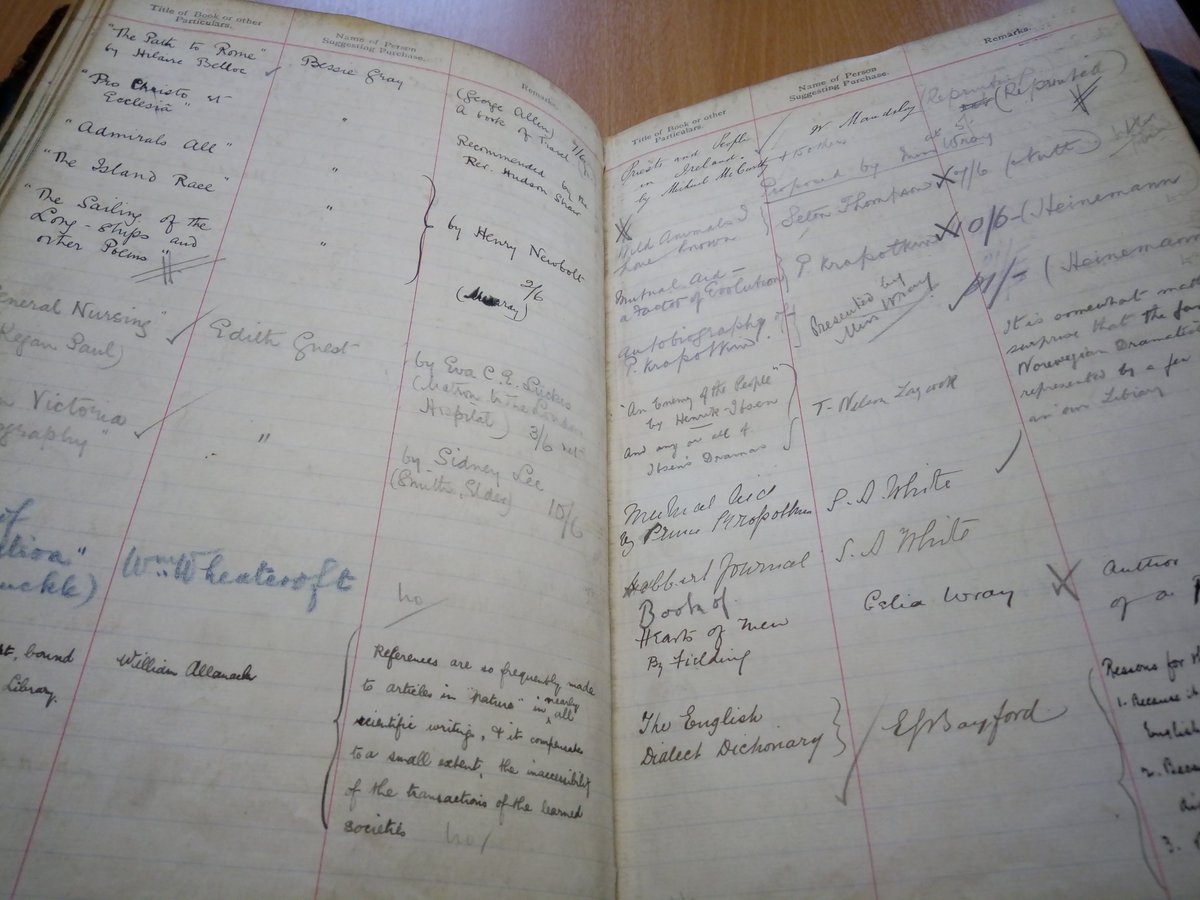 EldonHaz's tweet photo. Today's #ExploreYourArchive theme is #handwriting and what better than this amazing late 19th/early 20th century suggestion book from Barnsley's first Free Public Library on Eldon Street. Including handwritten entries from historian Edwin Bayford and suffragette Celia Wray. https://t.co/JTSsp5GX4z