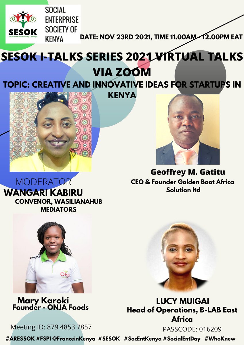 Are you looking for new Idea for a Start-up? Join us tomorrow as our Informative and full of Knowledge Panelists tackle the topic from 11.00Am- 12.00 pm EAT on zoom. Wangare kabiru Geoffrey Gatitu Mary Karoki Lucy Muigai