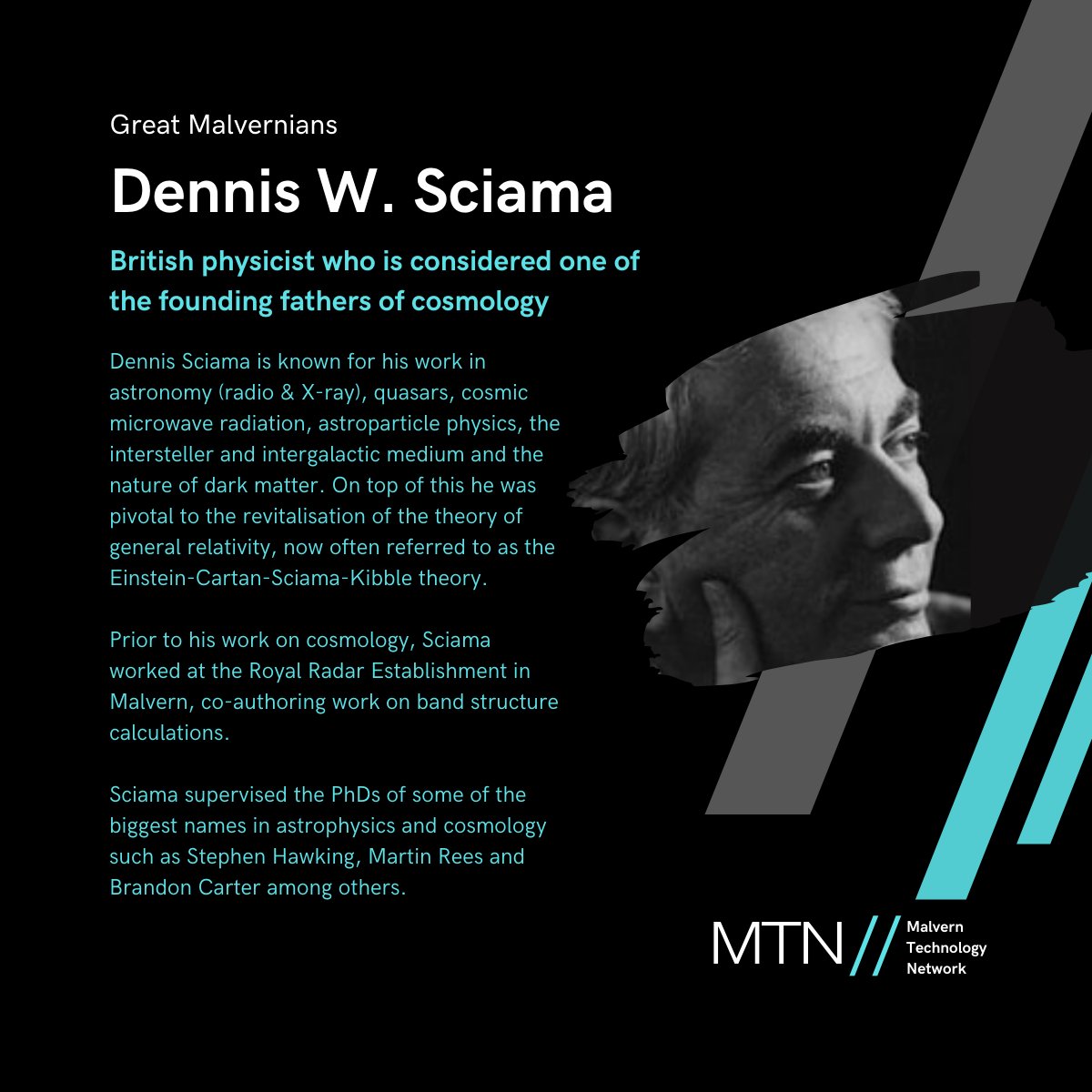 Today we place the spotlight on Dennis Sciama, influential physicist in the cosmological field. 

Sciama worked at Malvern's RRE before moving on to supervise some of the best brains in the science community

#greatmalvern #scienceandtech #pioneer #malverntech #worcestershiretech