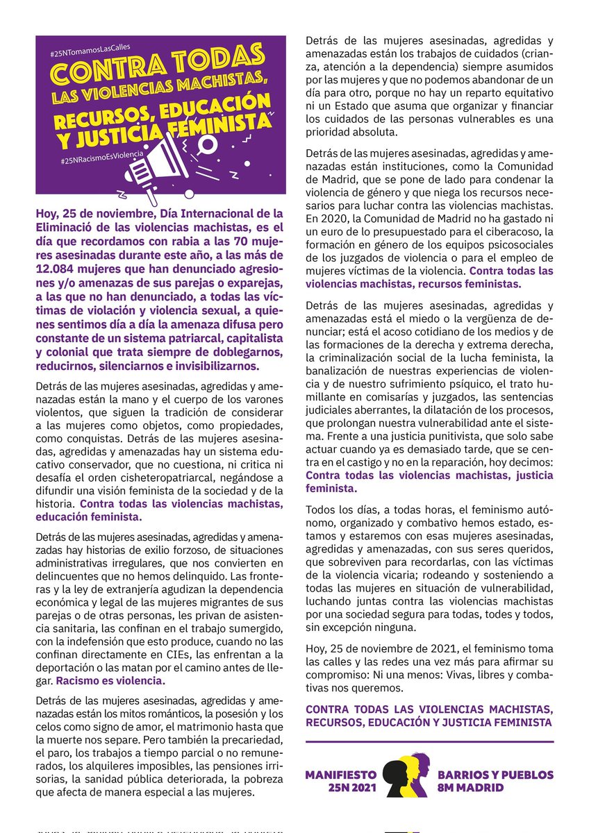 El #25NTomamosLasCalles contra todas las #ViolenciasMachistas 📢📢💪💜
¡Contra todas las #ViolenciasMachistas, #educación #feminista!
¡Contra todas las #ViolenciasMachistas, #Justicia #feminista!
#RacismoEsViolencia