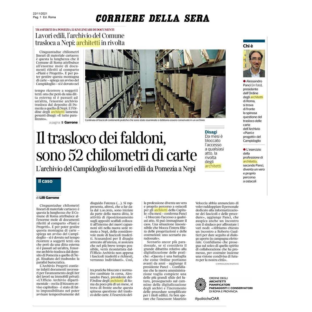 architettiroma's tweet photo. #AccessoagliAtti #diconodinoi
Il trasloco dei faldoni.
L'archivio del Campidoglio sui lavori edili da Pomezia a Nepi
.
Il presidente OAR, Alessandro Panci:«Una situazione insostenibile che blocca la filiera della #progettazione e delle #costruzioni».
Leggi di più sul @Corriere https://t.co/i4zjkJVJjA