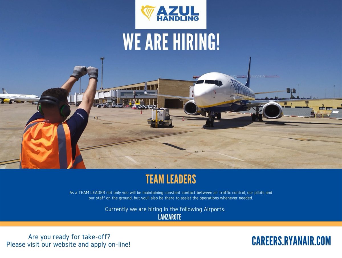 AzulHandling's tweet photo. Hola a tod@s. ¡Empezamos la semana con muy buenas noticias🙌🙌🙌! Estamos buscando a #TeamLeaders para una de nuestras bases en las #IslasCanarias, exactamente en #Lanzarote. No pierdas esta oportunidad de unirte a nuestro #EquipAzul👔🦺💙 Envía tu CV a https://t.co/jkBltQbTfH. https://t.co/rsvmfu9PIL