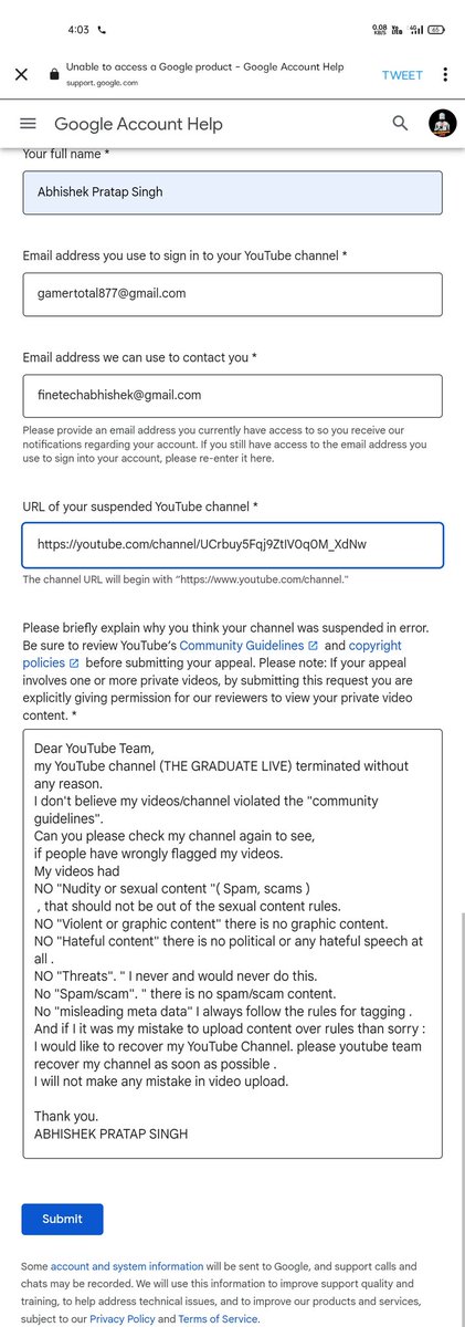 GraduateLive's tweet photo. @TeamYouTube Dear YouTube Team,
my YouTube channel (Channel Name) terminated without any reason.
I don't believe my videos/channel violated the "community guidelines".
Can you please check my channel again to see, 
And if I it was my mistake to upload content over rules than sorry।
Thank you https://t.co/VDHxZWa3BL