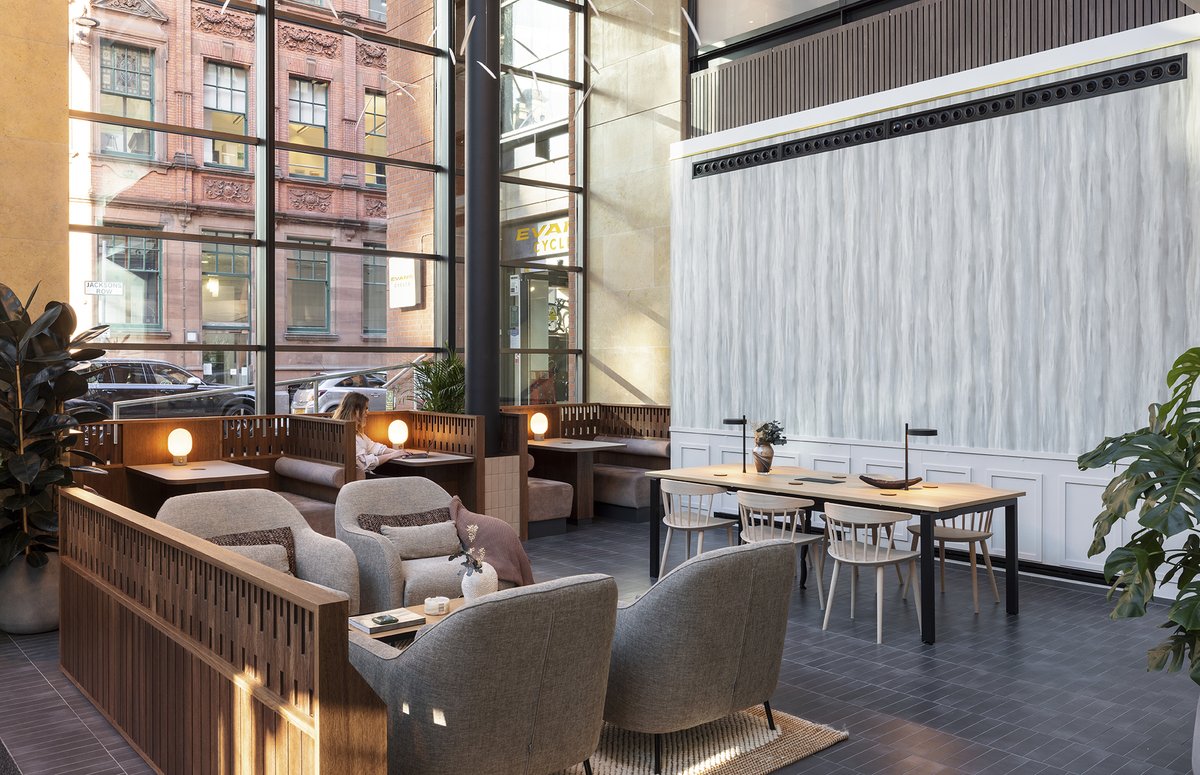 SpaceInvaderDes's tweet photo. Here's a look at our latest project completion - the central space refurb for 201 Deansgate. We uplifted the offering to include greater value to tenants and a beautifully updated look &amp; feel rooted in a rich concept as well as branding, signage and wayfinding. #WorkplaceDesign https://t.co/dE7g9J8w9h