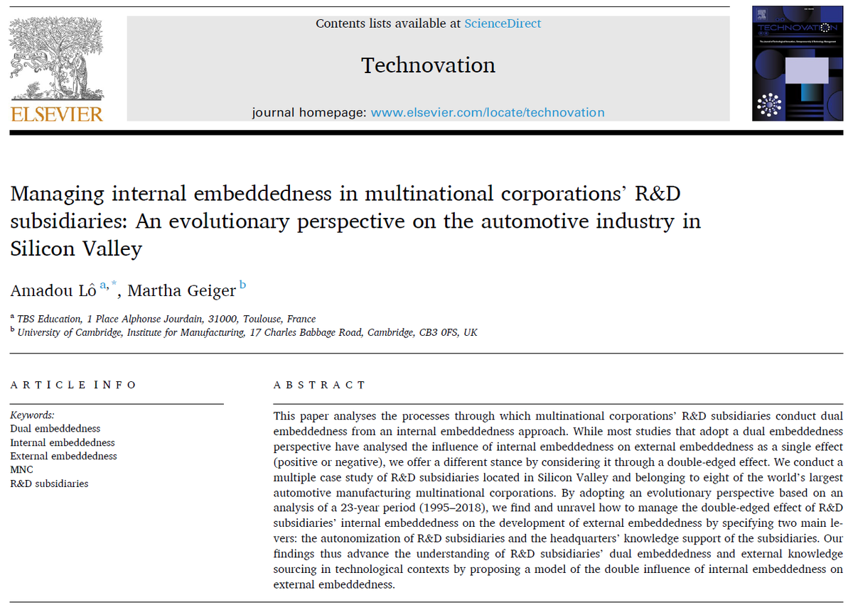 It was such a pleasure to collaborate with Dr. Martha Geiger on this research just published in Technovation and in which we attempt to advance the understanding of R&amp;D subsidiaries’ dual embeddedness and external knowledge sourcing.

sciencedirect.com/science/articl…