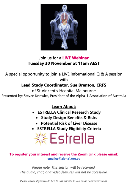 alpha1ANZ's tweet photo. Live webinar - ESTRELLA Clinical Research Study

Tuesday 30 November 2021

#Alpha1OZ antitrypsin https://t.co/mI9pLPkxUt