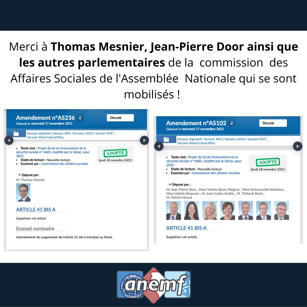 [Amendement 1063]

👏Jeudi dernier, la <a href="/AN_AfSoc/">Commission des affaires sociales</a> a rejeté l'#amendement1063 du #PLFSS visant à conditionner le conventionnement des jeunes #médecins à un exercice de 6 mois en zone sous-dense

Merci à @MESNIERThomas, <a href="/doorjean/">Jean-Pierre Door</a> &amp; aux autres députés mobilisés sur le sujet!