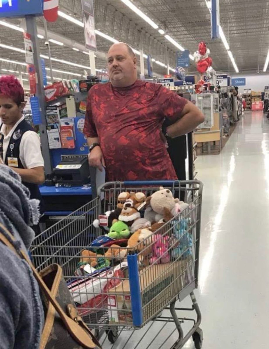 “I was at Walmart  &amp; I saw this man w/ a cart full of stuffed animals. 
When I asked him why, my heart became full. 
He told me every year he dresses up as Santa 🎅 &amp; walks the halls of the children’s ER &amp; delivers one to each child. My father's ♥️ melted ...
Credit: erica_lee123